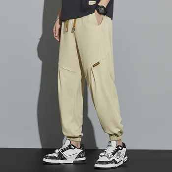 Мужские Весенние однотонные Повседневные брюки со Шнурком из 100% полиэфирного волокна, Свободные штаны для Бега, Спортивные штаны Хай-стрит Harajuku, мужские 2
