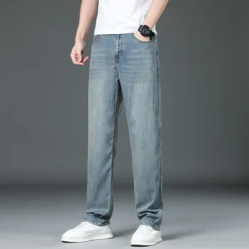 Мужские Легкие Свободные джинсы Из ткани Lyocell, Летние Новые джинсовые Прямые брюки, Модные Повседневные Мягкие Брюки высокого качества, мужские