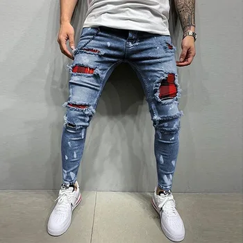 Мужские уличные модные Джинсы в стиле хип-хоп, облегающие фигуру, маленькие ножки, эластичные хлопковые обтягивающие брюки-карандаш, Классические повседневные спортивные джинсовые брюки