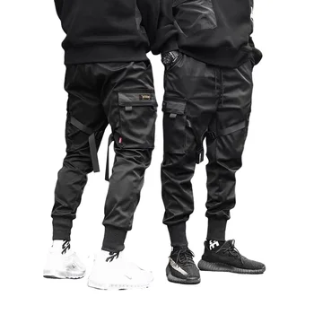 Мужские шаровары-карго, Боковые карманы, ленты, Черные Повседневные мужские брюки для бега Трусцой в стиле хип-хоп, Модные повседневные уличные брюки