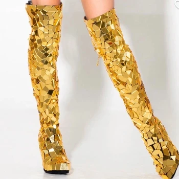 Одежда певицы Зеркальные линзы чехол для ботинок Серебристо-золотой длинный чехол для ботинок Сценический танцевальный костюм певицы для выступлений в клубе
