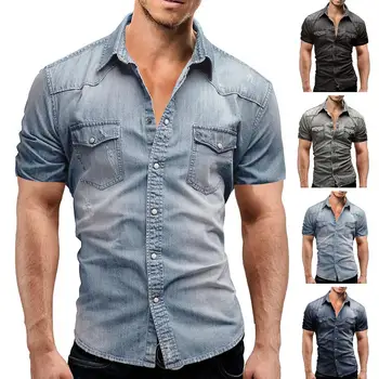 Однобортная мужская рубашка с лацканами, коротким рукавом, карманами с клапанами, летняя однотонная джинсовая рубашка, топ