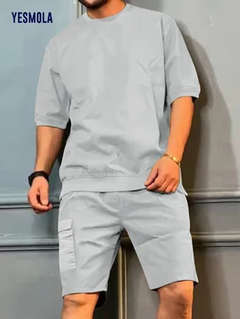 Повседневные мужские комплекты с короткими рукавами, летняя новинка 2022, мужская футболка в стиле харадзюку + шорты, модный однотонный костюм из 2 предметов, мужская одежда