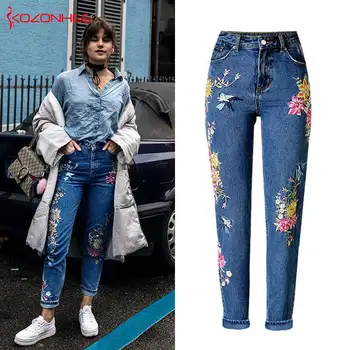 Прямые неэластичные джинсы с цветочной вышивкой, женские прямые джинсы с высокой талией, с вышивкой птиц в тяжелой промышленности # 25