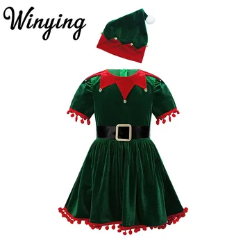 Рождественское платье для малышей со шляпой и поясом для маленьких девочек, одежда Санта-Клауса и эльфа, косплей, праздничный наряд для вечеринки, Рождественский костюм