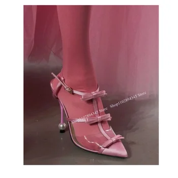 Розовые Босоножки с бантом и Декоративным Узлом, Острый Носок, Тонкий Высокий каблук, ремешок с пряжкой, Модный Новый Стиль 2023, Летняя Женская обувь Zapatillas Mujer