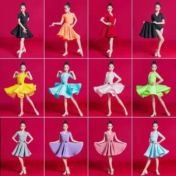 Стандартная юбка для латиноамериканских танцев с короткими рукавами для девочек, юбка для танцев большого размера, детская юбка для танцев, юбка для сальсалумбы, чачи, самбы, танго