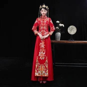 Традиционное китайское Свадебное платье с вышивкой Чонсам, Винтажное Красное Классическое Ципао, Модное Элегантное Платье для Помолвки Xiuhe
