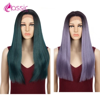 Фиолетовый парик для женщин длиной 20 дюймов, прямая средняя часть, кружевной парик спереди, 180% Плотность, светлые кружевные парики зеленого цвета для косплея